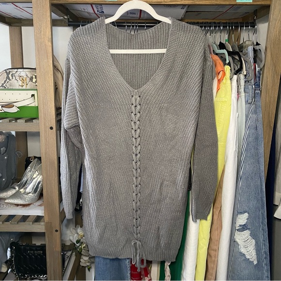 🐑 GREY BRAIDED KNIT V NECK SWEATER DRESS! - Picture 8 of 12